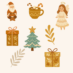 A charming flat-style Christmas-themed illustration set featuring Santa Claus meditating, a hot cocoa mug with candy canes, an angel, a Christmas tree, decorative gift boxes, and festive leaves on a l