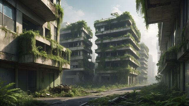 Edificios abandonados invadidos por la vegetaci&oacute;n en ciudad posapocal&iacute;ptica