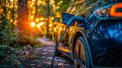 Electric vehicle charging in a sunlit forest setting at sunset