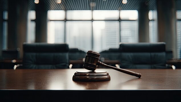 Gavel on a courtroom table, overlooking city skyline