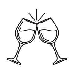 Two black and white wine glasses clinking in a celebratory toast, a simple vector line art illustration.