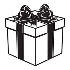 Black and white vector illustration of a gift box with a bow, depicting a wrapped present for celebrations and holidays.