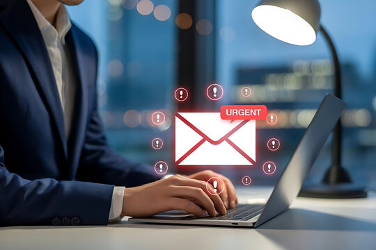 Businessman working on laptop with email notification and digital communication icons overlay
