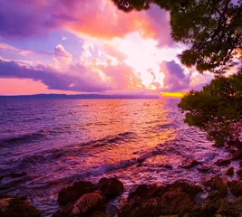 Fotobehang Warm Paars spectacular morning landscape in Croatia, Brela resort, Makarska riviera, Dalmatia, Europe...exclusive - this image is sell only on Adobe stock  © Rushvol