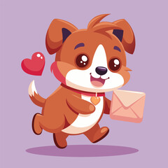 Fototapeta premium Cute cartoon dog carrying a letter in a walking pose against a light purple background. Adorable animal character in a walking pose with a love letter.