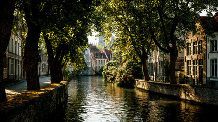 Fototapeta premium A canal in the city center, summertime, beautiful trees and buildings