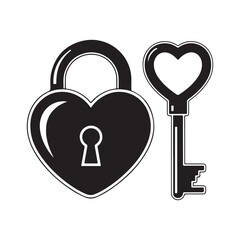 Black and white vector illustration of a heart-shaped padlock and key, symbolizing love and security on a white background.