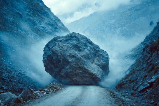 Massive boulder blocking mountain road during a storm