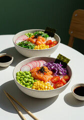 Delicious salmon poke bowls with fresh ingredients, perfect for a healthy meal.