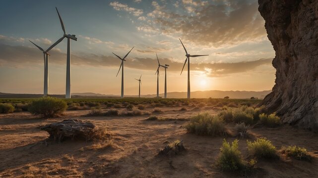 Molinos de viento al atardecer en paisaje des&eacute;rtico