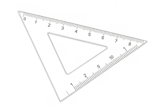 Transparent set square and triangle ruler measuring length on transparent background