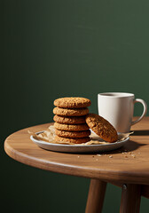 Delicious oatmeal cookies with a cup of coffee on a rustic wooden table.
