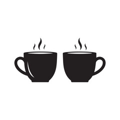 Two black silhouette coffee cups with steam icon. Minimalist hot drink symbol or design element on a white background, vector illustration.