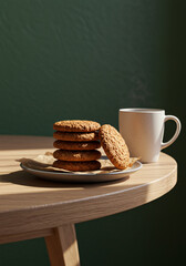 Freshly baked oatmeal cookies served with a warm mug on a wooden table.