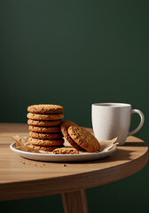 A stack of oatmeal cookies with a mug of tea on a wooden table.