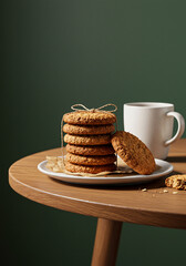 Close-up shot of a stack of oatmeal cookies and a cup of coffee.