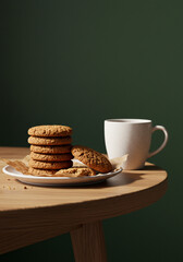 Freshly baked oatmeal cookies with coffee create a cozy breakfast scene.