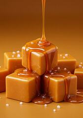 Caramel cubes drizzled with rich caramel sauce and sprinkled with sea salt, a perfect dessert.