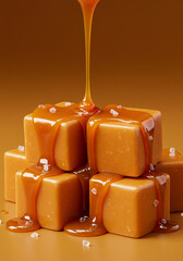 Salted caramel cubes with flowing caramel sauce on a warm background.