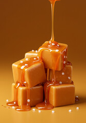 Caramel cubes drizzled with golden, melted caramel and a sprinkle of sea salt for a perfect treat.