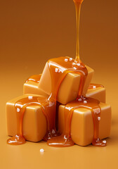 Sweet salted caramel cubes with flowing caramel sauce, a delectable treat.