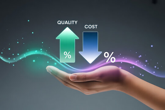 Hand holding upward trending quality and downward trending cost with glowing lines and percentages