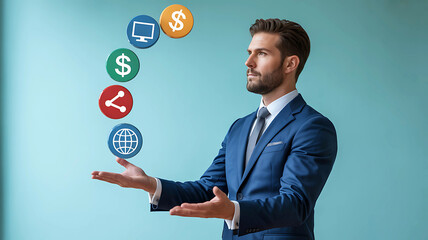 Conceptual image of a businessman managing digital finance, global networking, and technology icons