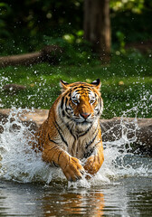 A striking image of a tiger powerfully emerging from the water, splashing dramatically.