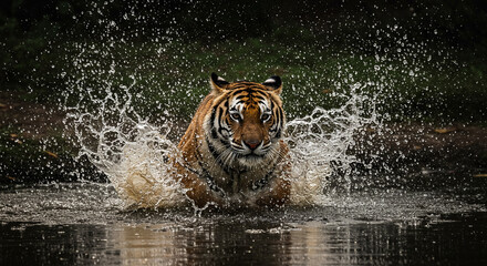 Tiger in action: A dynamic splash in the water showcases the powerful animal
