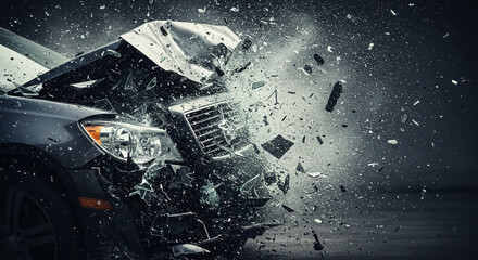 Dramatic image of a car accident with shattered glass and flying debris.