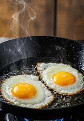 Close-up of two perfectly cooked sunny-side-up eggs in a frying pan, ready to eat.
