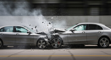 A head-on car collision causes a dramatic scene with smoke and shattered parts.