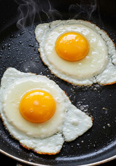 Two perfectly fried eggs with bright yellow yolks, ready to be enjoyed.
