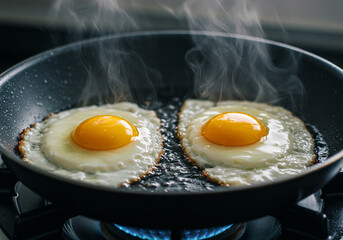 Two sunny-side-up eggs sizzling in a pan, a delicious breakfast in preparation.