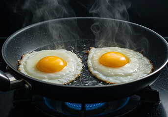 A close-up shot captures two eggs frying in a pan on a gas stove, creating a delicious breakfast.