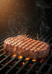 A juicy steak is grilled to perfection, creating a culinary masterpiece on a hot grill.