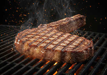 A perfectly grilled steak sizzling on a hot barbecue grill, ready to eat.
