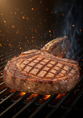 A perfectly grilled ribeye steak is sizzling on the grill with smoke and sparks around it.