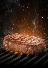 A perfectly grilled steak with flames and sparks, ready to be enjoyed.