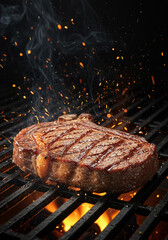 A mouthwatering grilled steak on a hot grill with flames and smoke, ready to enjoy.