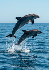 Two dolphins joyfully leap through the water, splashing and playing in the ocean.