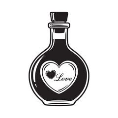 Black and white vector illustration of a love potion bottle icon with a heart and 'Love' text, a romantic design element.