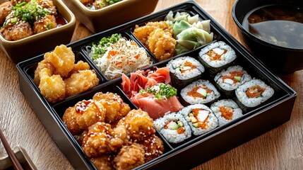 Vibrant Sushi Bento Box with Variety of Fresh Ingredients and Sauces