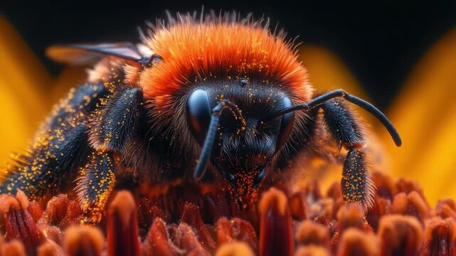 This video showcases a close-up view of a bee collecting pollen. Experience the intricate details and colors of nature. Ideal for educational and nature-themed content. Generative AI