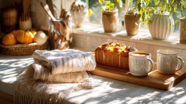 Cozy kitchen scene featuring warm muffins, coffee mugs, and knitted blankets on a sunlit countertop adorned with plants - Powered by Adobe