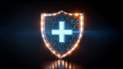 Futuristic glowing shield for medical data protection and digital privacy. Advanced cyber technology provides robust security, comprehensive safety, and strong defense