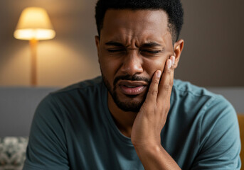 A man experiences intense pain, possibly from a dental issue, with a pained expression and hand on cheek.