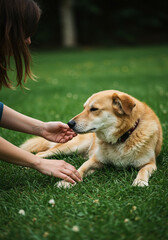 A woman and her dog share a moment of affection in a sunny park.