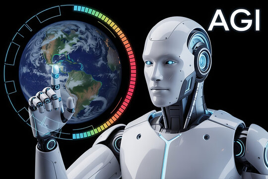 Advanced artificial general intelligence robot interacting with a digital earth interface symbolizing global connectivity