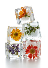 Beautiful ice cubes with flowers frozen inside on a white backdrop.